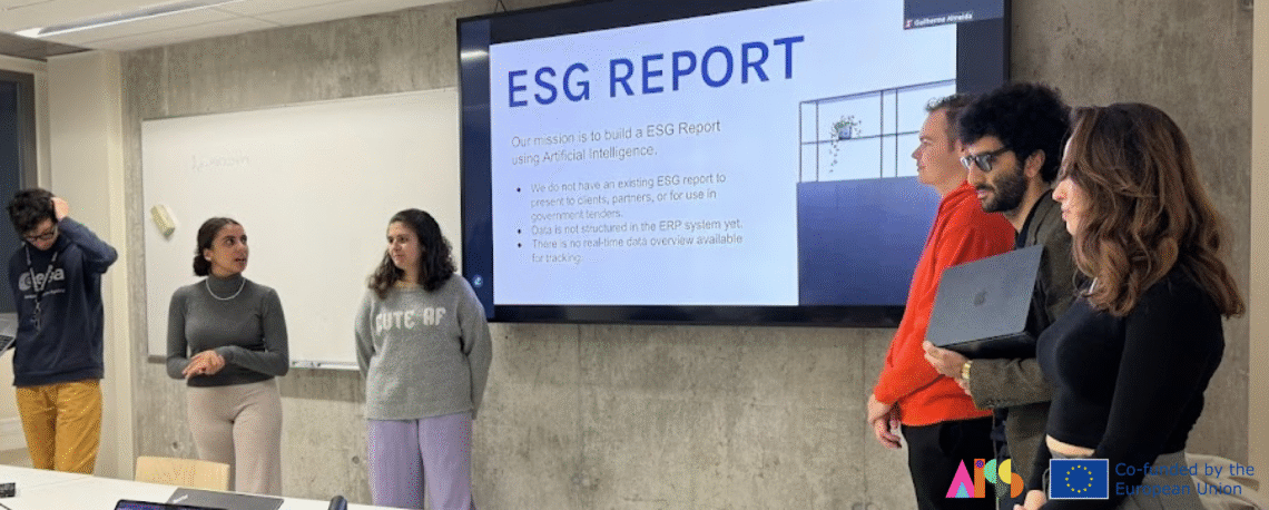 Students in front of the class. Presenting a ESG project
