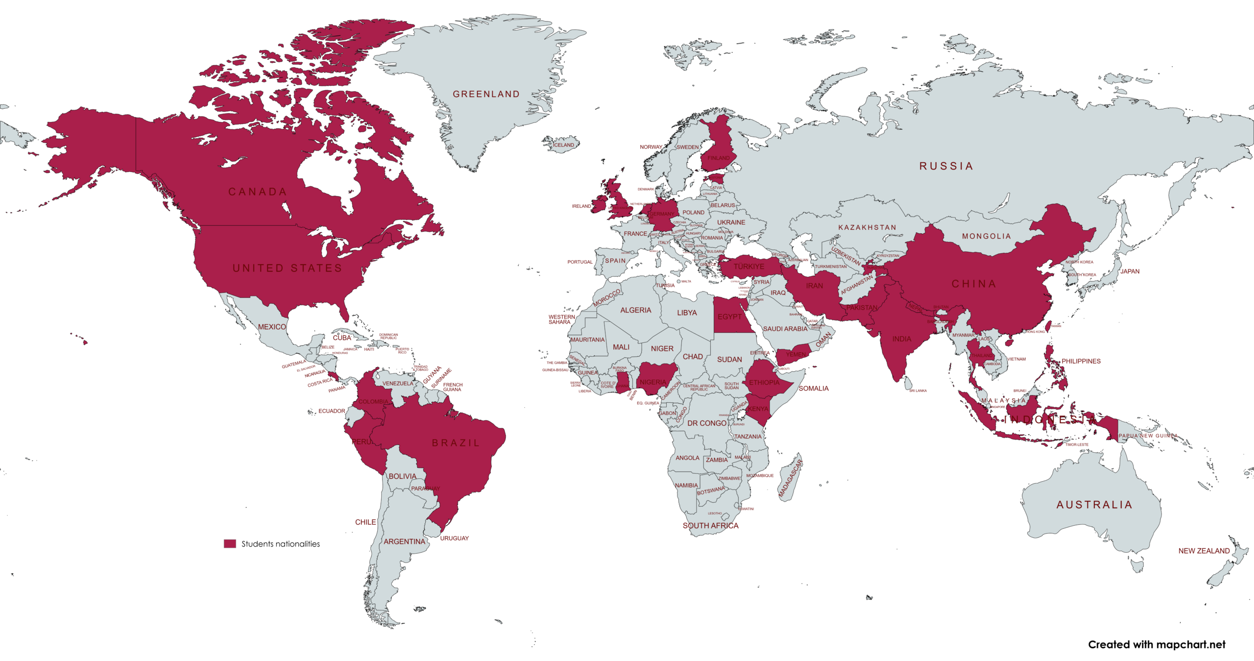 Map showing countries represented by AISS students